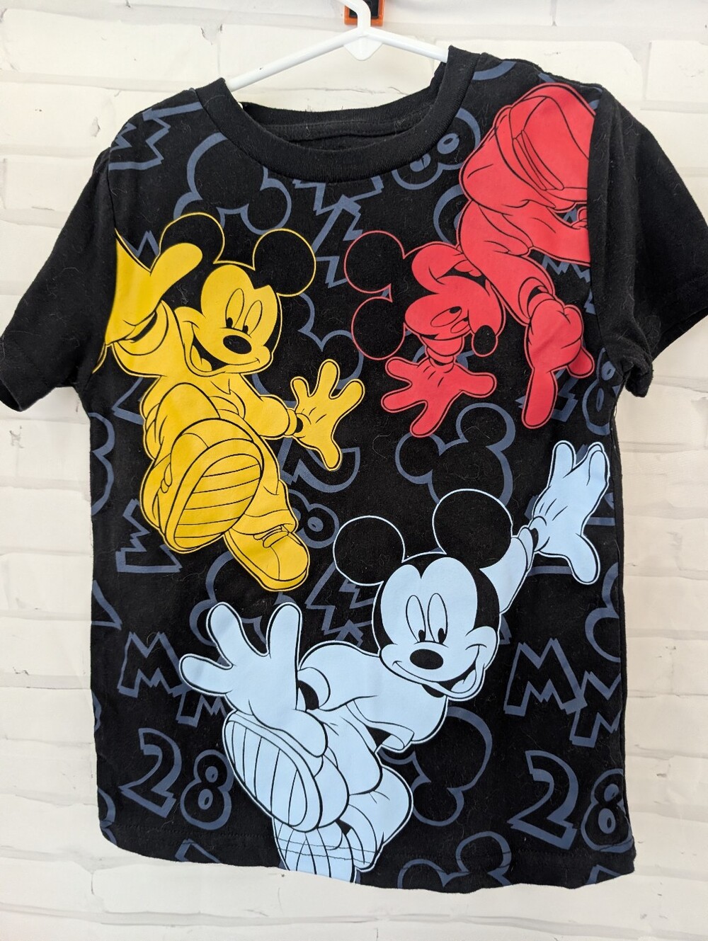 Disney Black Tee with Red, Yellow & Light Blue Mickey Graphics